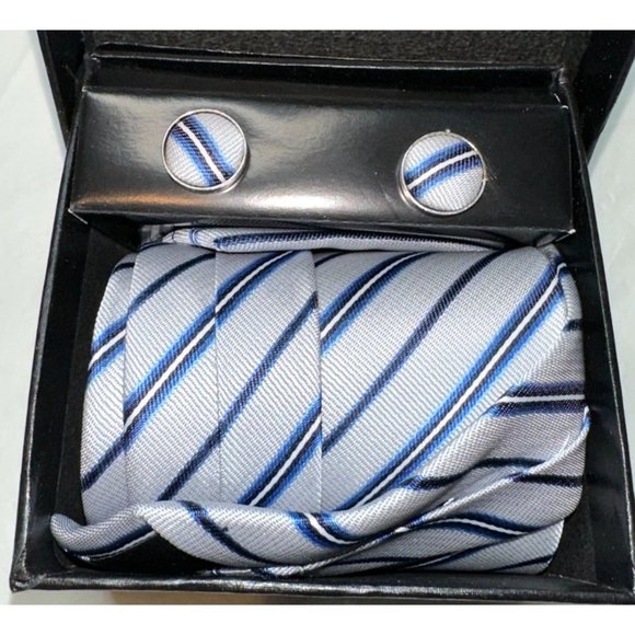Men Professional CuffLink Tie Set Blue Stripes 18" Gift Set Career Dress Teacher - Picture 1 of 2